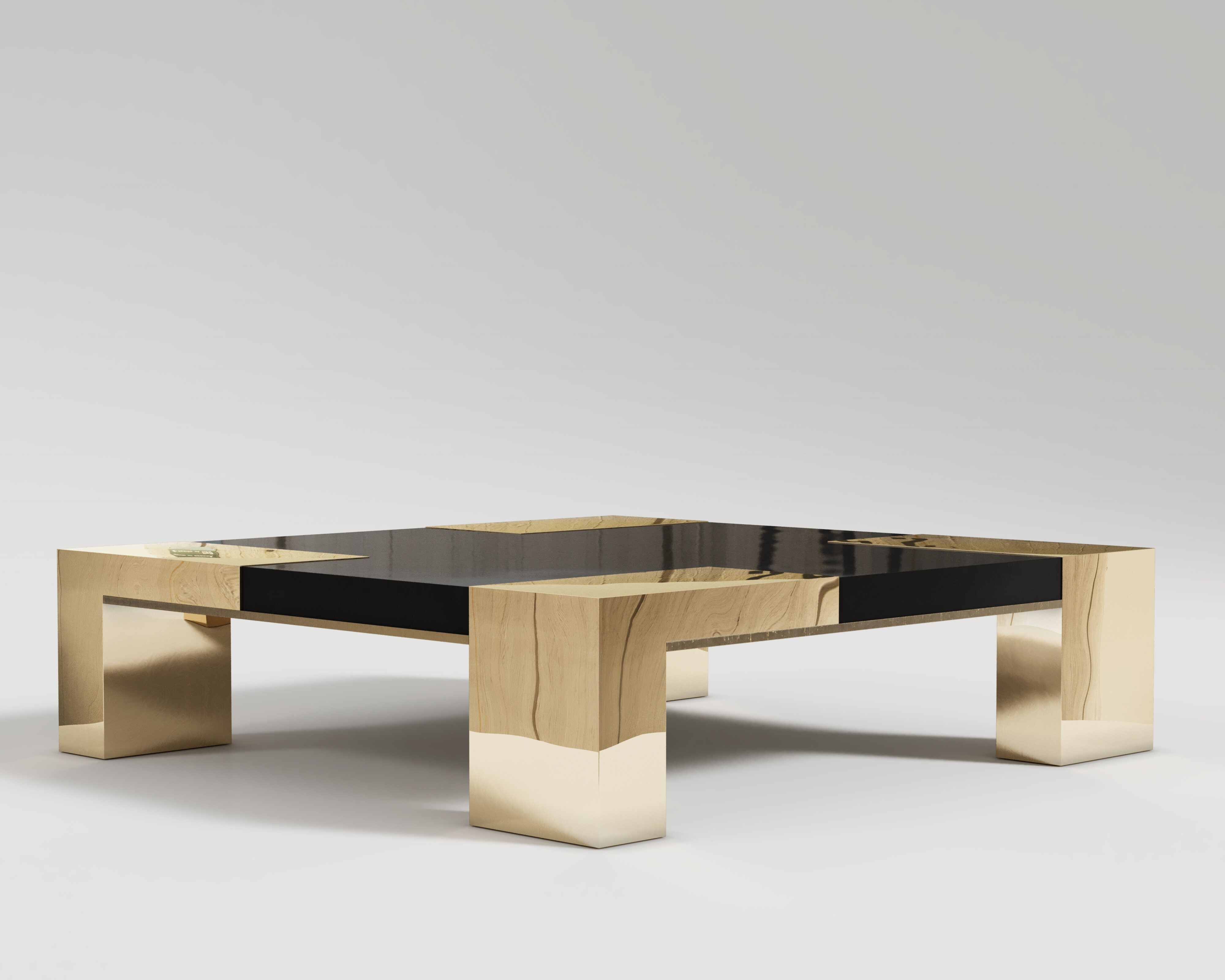 Puzzle coffee table polished bronze and piano black lacquer
