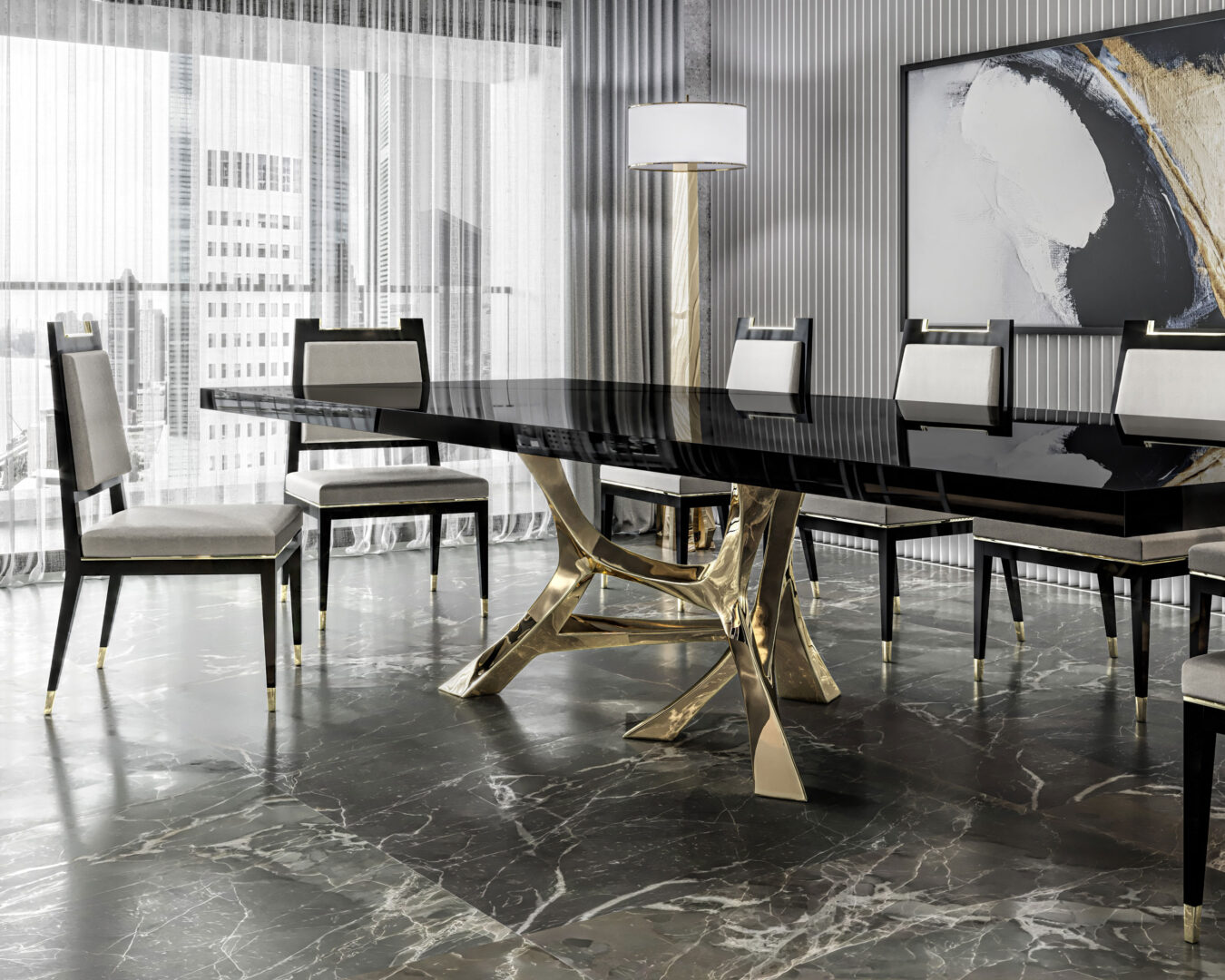 Vena dining table and Palena chair and Meta Crystal Floor Lamp Magnificent combination, luxurious design.