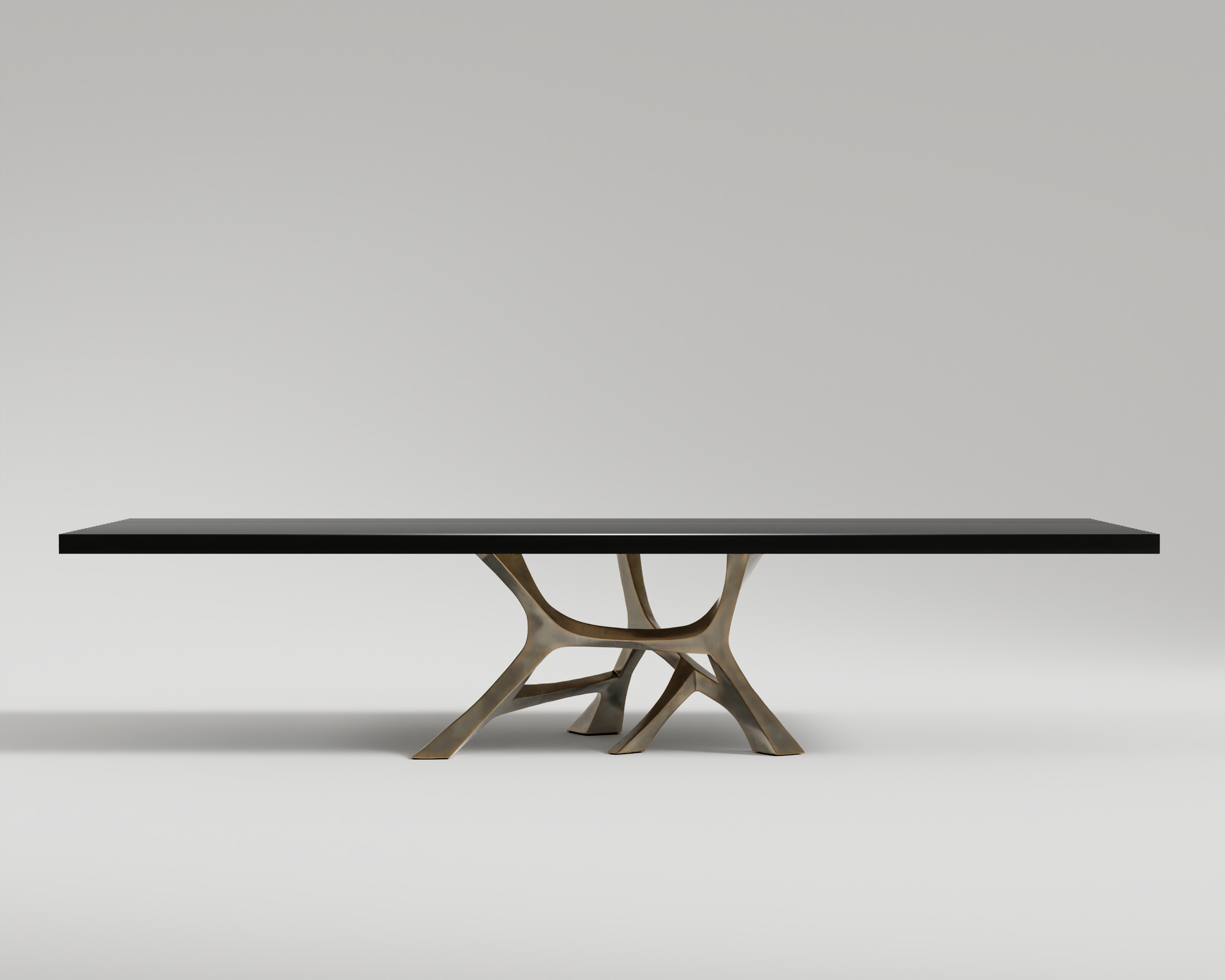 Vena Dining Table Eye-catching patine bronze base and gorgeous piano black table top