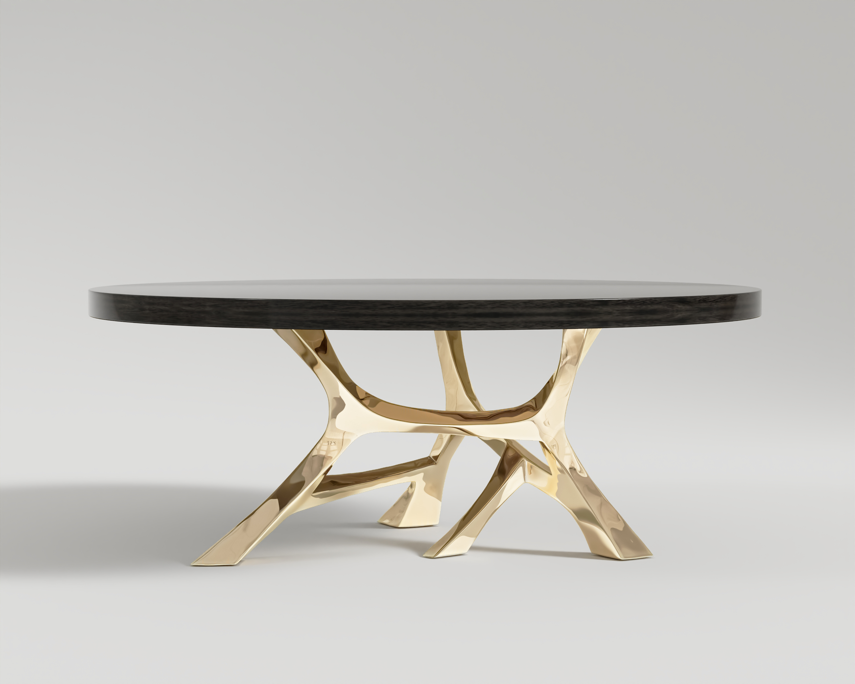 Vena Round Dining Table in Polished Bronze and black Lacquer Top