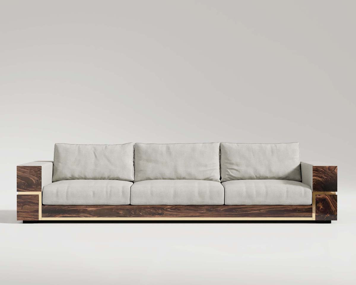 Balteus sofa in beige linen fabric upholstery, walnut body and polished bronze detail, front shot