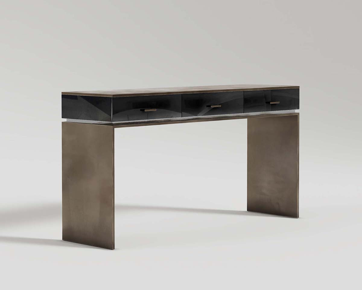 Block console in black lacquer and plexiglass , patina bronze base perspective shot