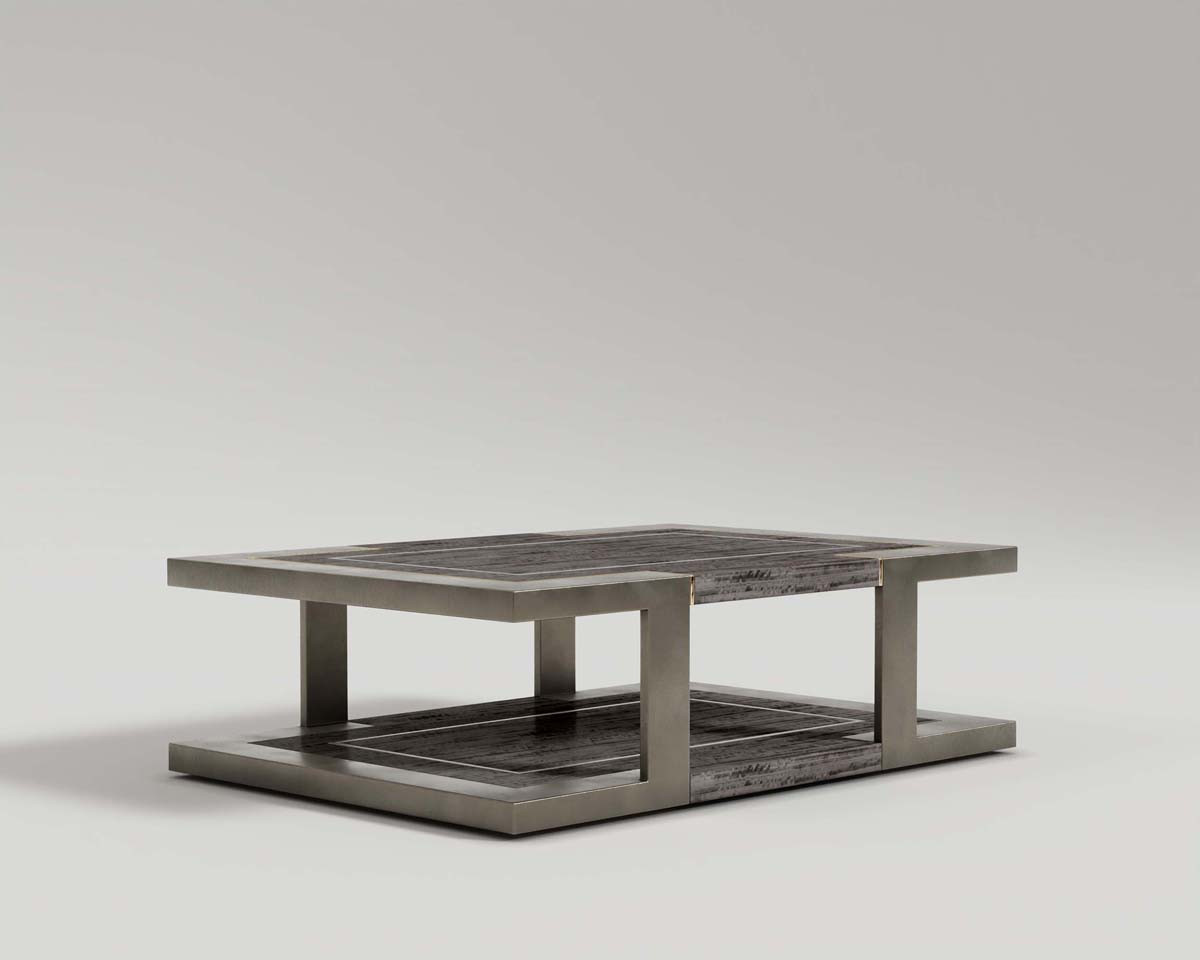 deco coffee table eucalyptus veneer top and polished bronze metal strip and patina bronze base perspective shot