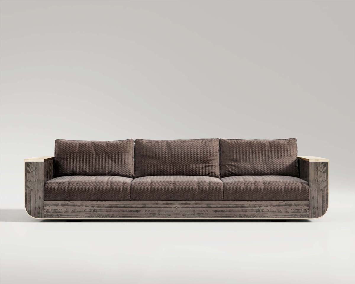 Forte sofa in brown pattern fabric upholstery, eucalyptus body and polished bronze detail, front shot