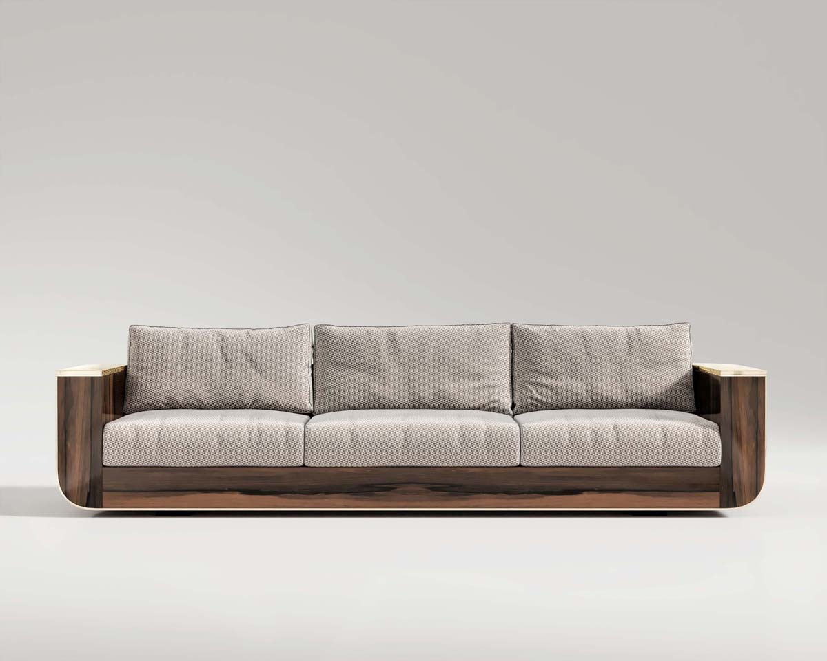 Forte sofa in beige pattern fabric upholstery, walnut body and polished bronze detail, front shot