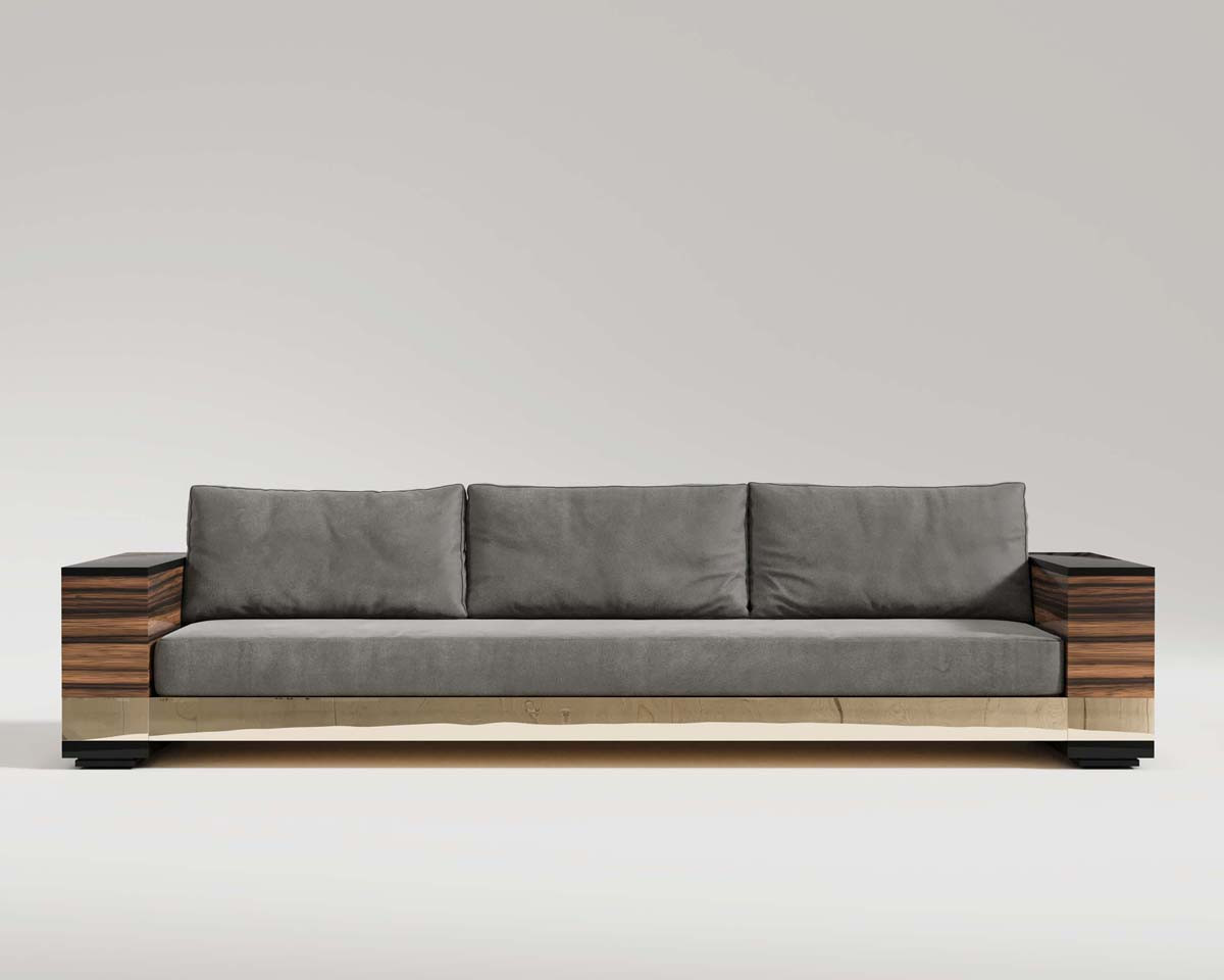 Giuseppe sofa in beige velvet upholstery, walnut body, black lacquer and polished bronze base front shot