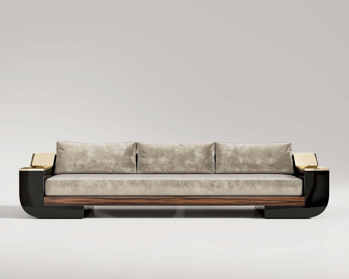 Meilleur nom sofa in cream velvet upholstery, black lacquer leg, polished bronze and walnut veneer detail, front shot