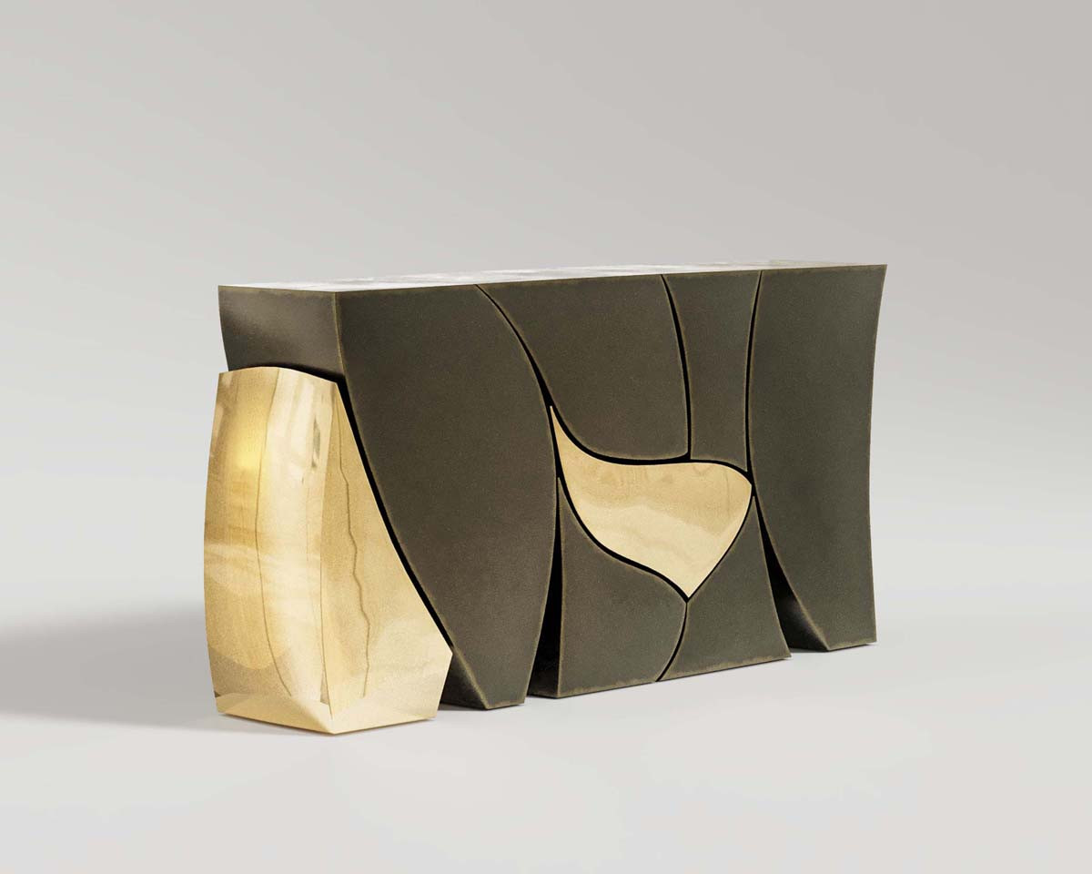 Petales console in patina bronze and polished bronze perspective shot