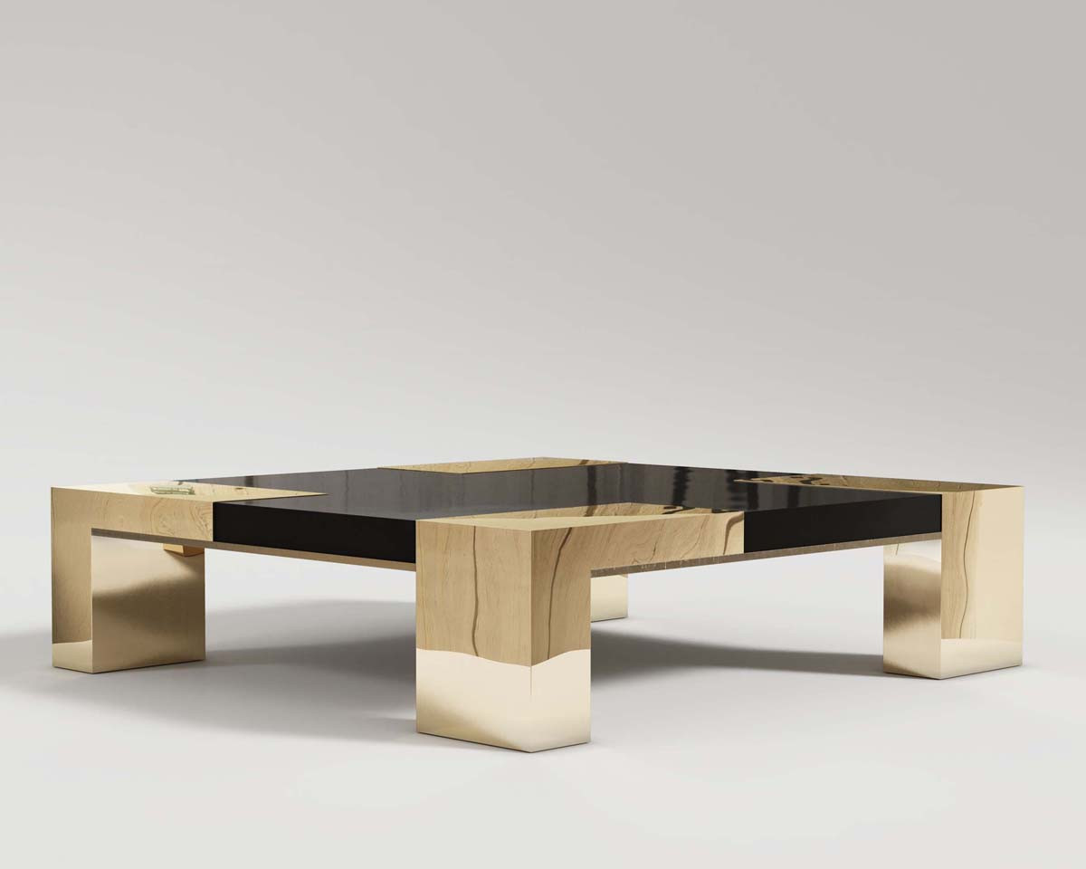 Puzzle coffee table black lacquer top and polished bronze base perspective shot