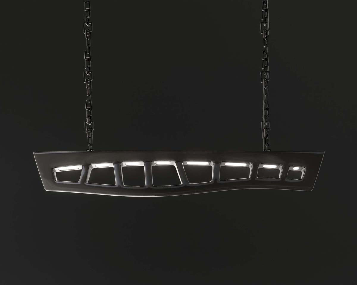 Barracuda chandelier in black lacquer frame black background front shot