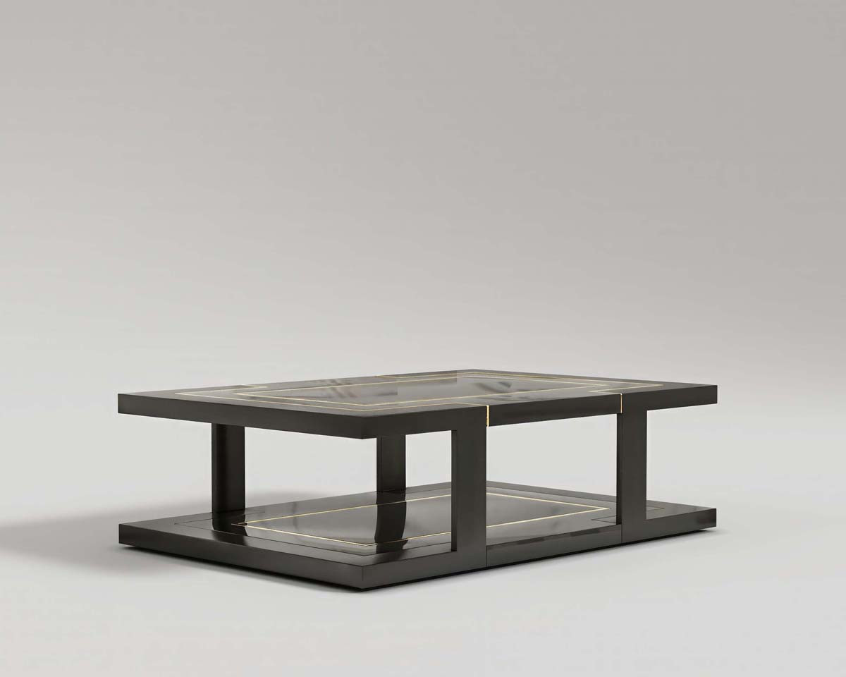 deco coffee table black lacquer top and polished bronze metal strip and black lacquer base perspective shot