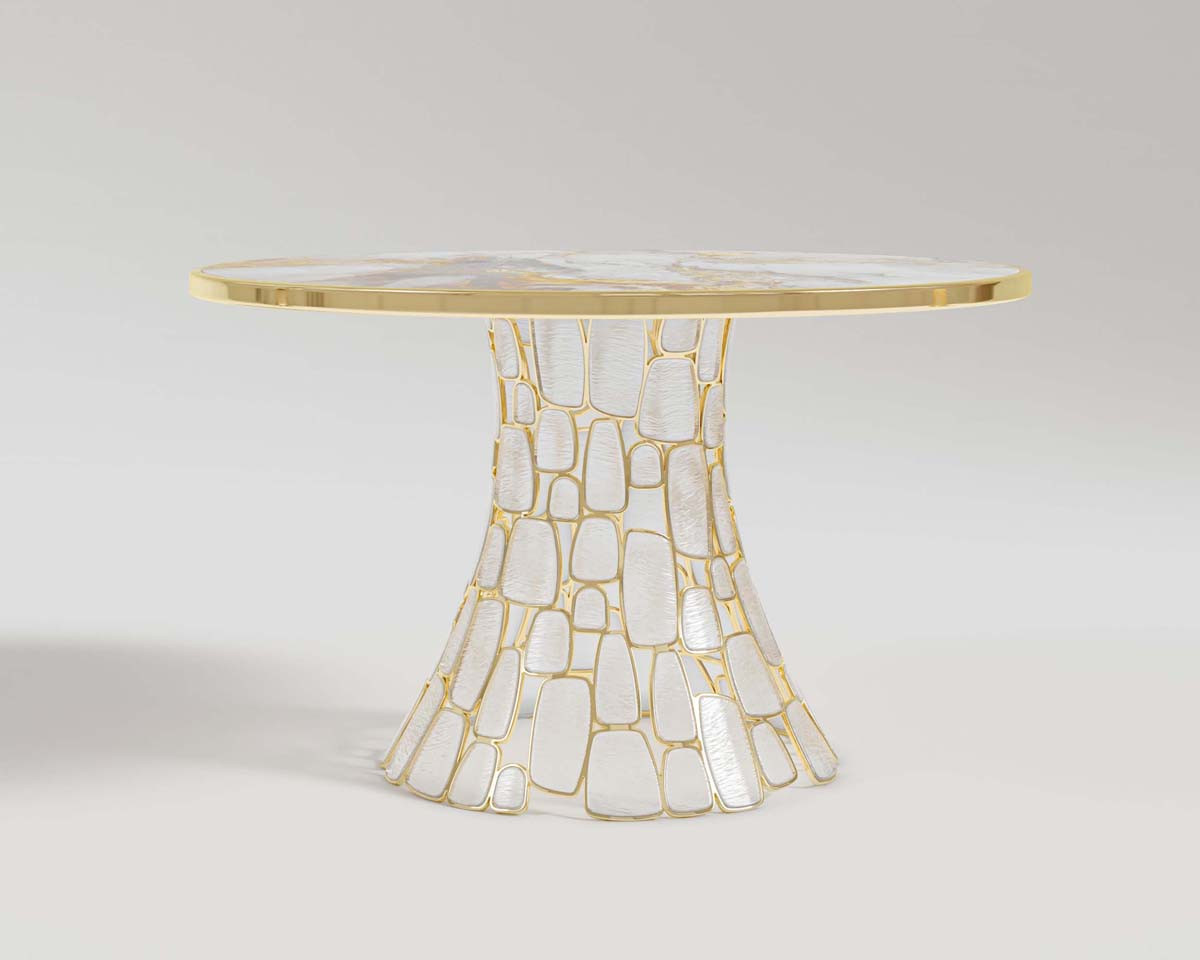 Emerald entrance console in marble and polished bronze top, texture glass and polished bronze base front shot