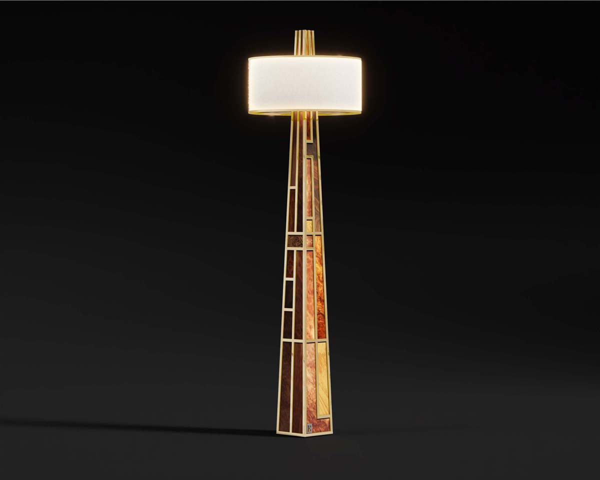 Emerald floor lamp wood veneer and polished bronze body linen shade black background detail shot