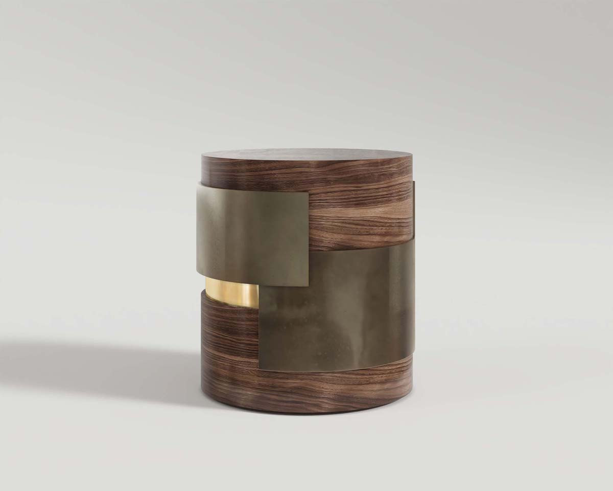 Fragmin side table in walnut veneer body, polished bronze and patina bronze detail perspective shot