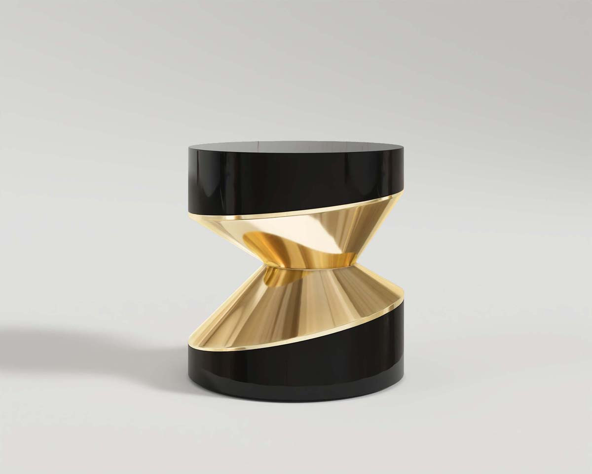 Linkage side table in black lacquer top and base, middle part polished bronze perspective shot