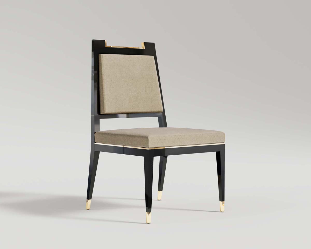 Palena chair beige linen upholstered with high polished black lacquer and polished bronze body front perspective shot