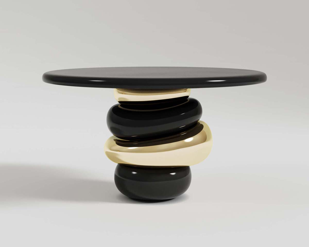 Ruche console in black lacquer top and polished bronze base front shot
