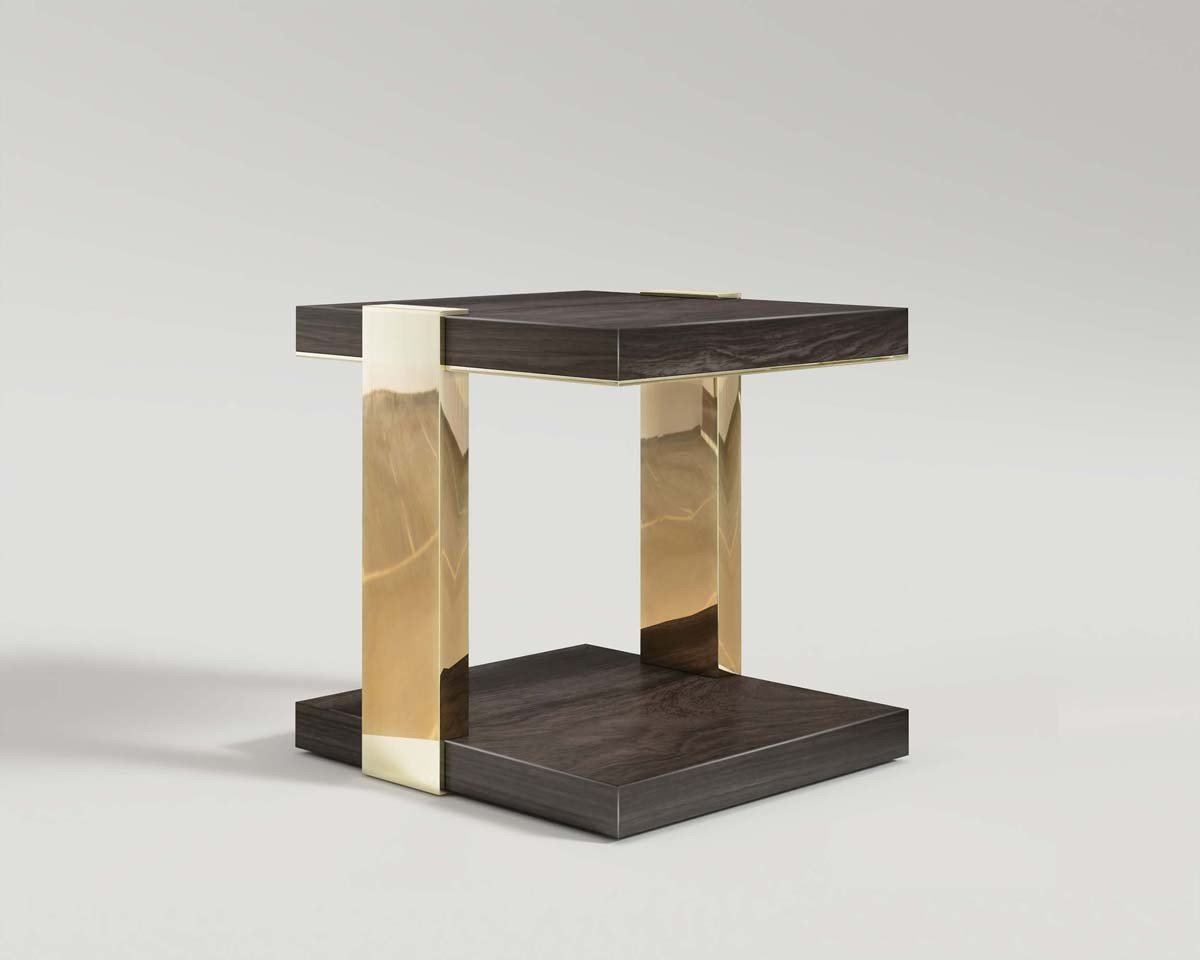 Twin side table in walnut top and base polished bronze leg perspective shot