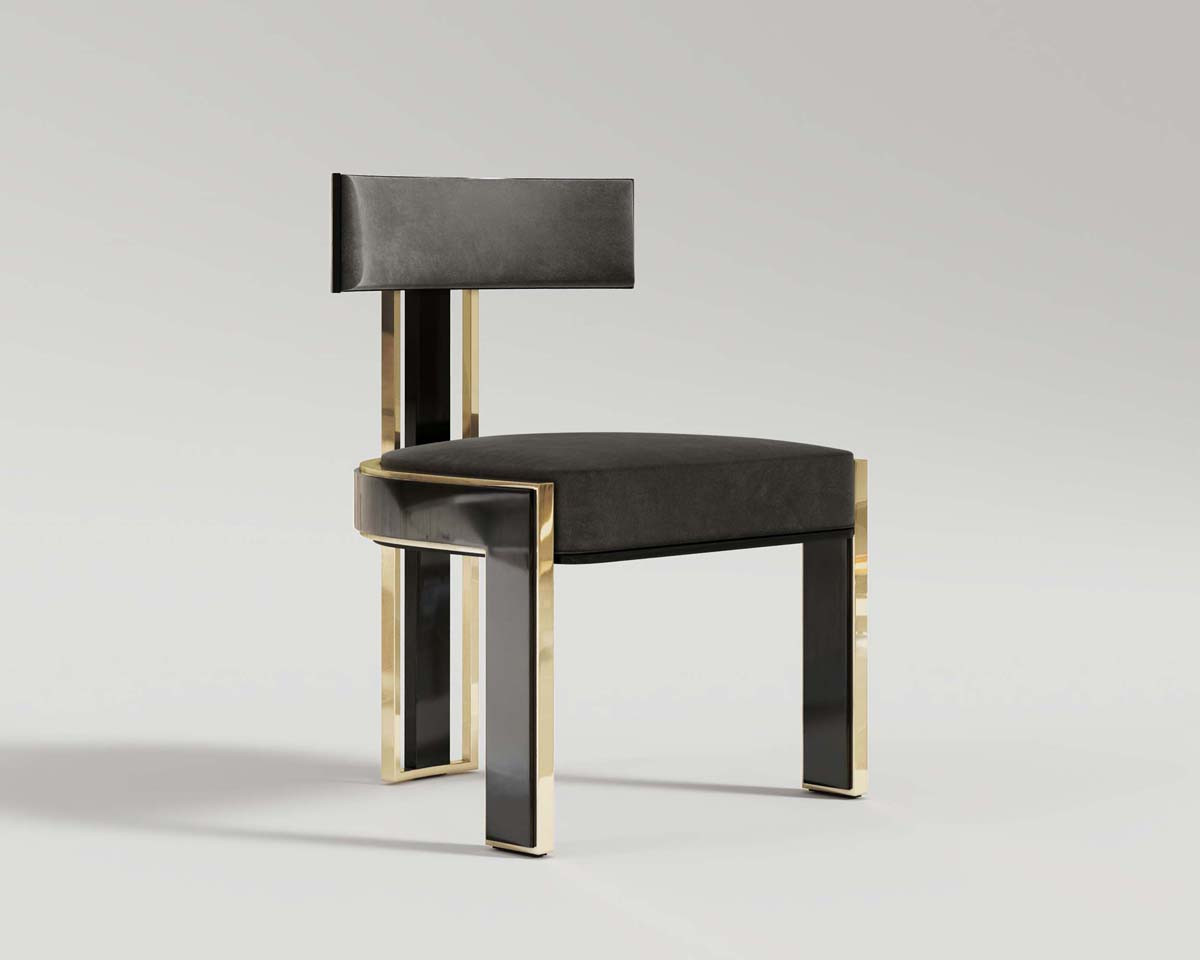 Bellus chair black velvet upholstered with high polished black lacquer and polished bronze body front perspective shot