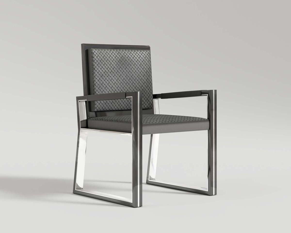 Buccina chair black woven leather upholstered with polished stainless steel and black lacquer body front perspective shot