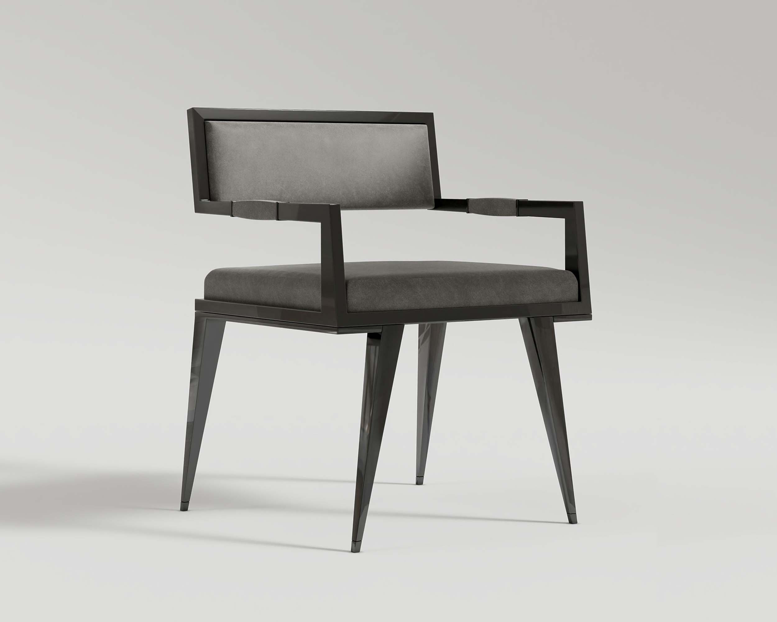 Le Loup chair black velvet upholstered with high polished black lacquer body front perspective shot