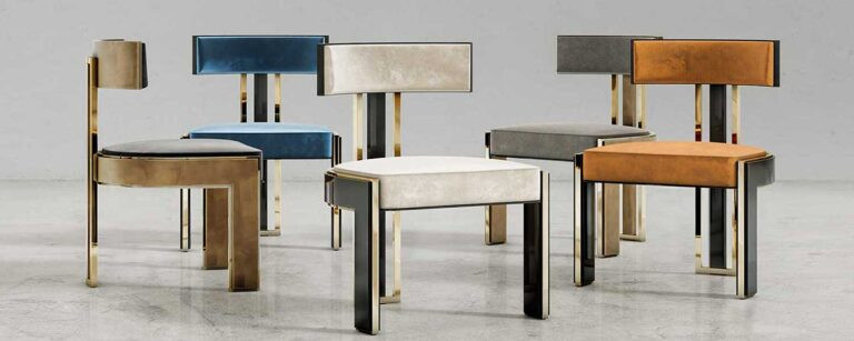 different finishes for Bellus chairs in a concrete studio scene