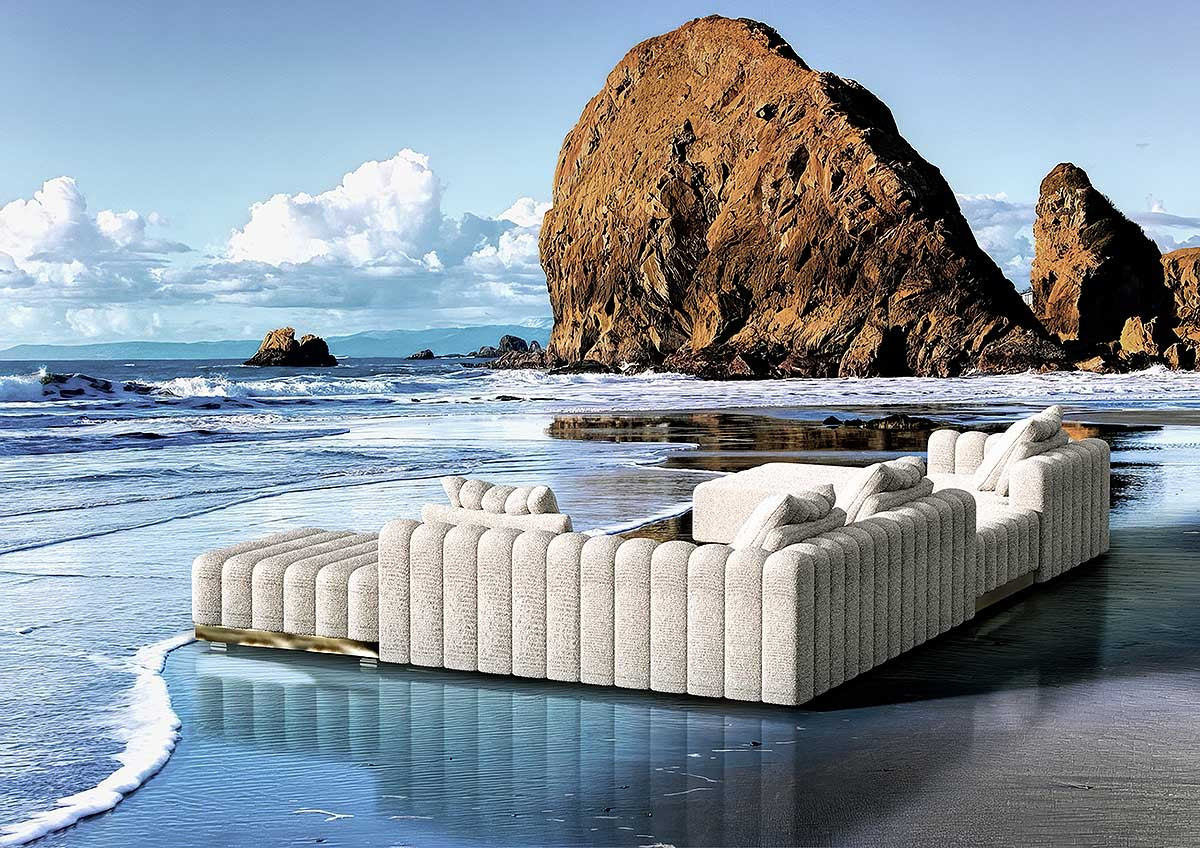 Elmar modular sectional in a beach with a reflection of it on the water and a big ruck on the background