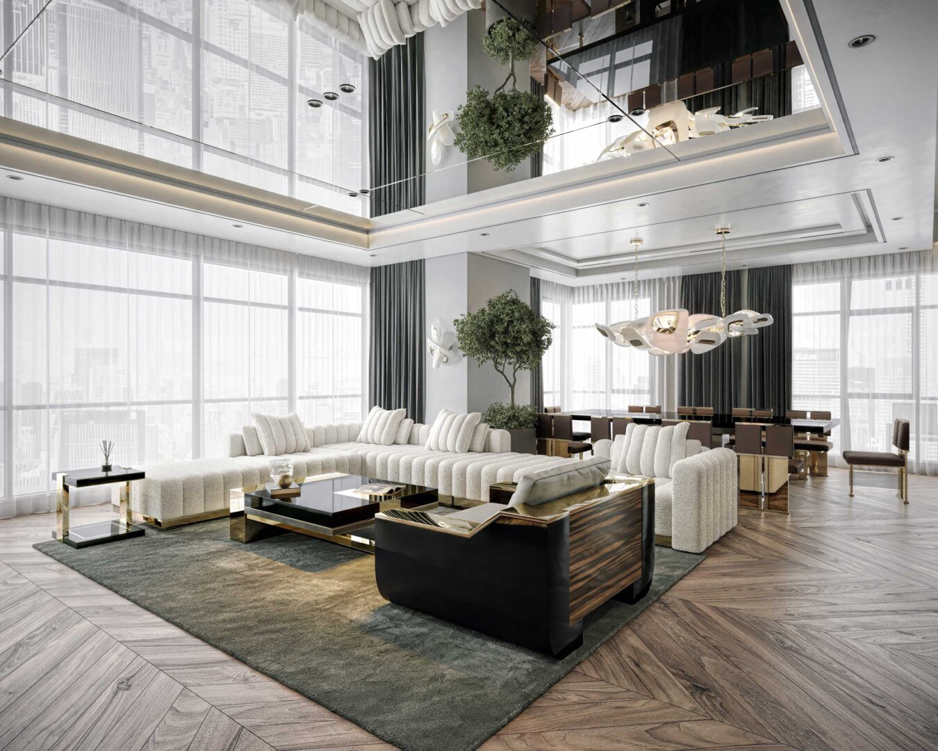 Elmar modular sectional and Radice coffee table and Meilleur Nom lounge chair with Twin side table and Swan chandelier in a living room