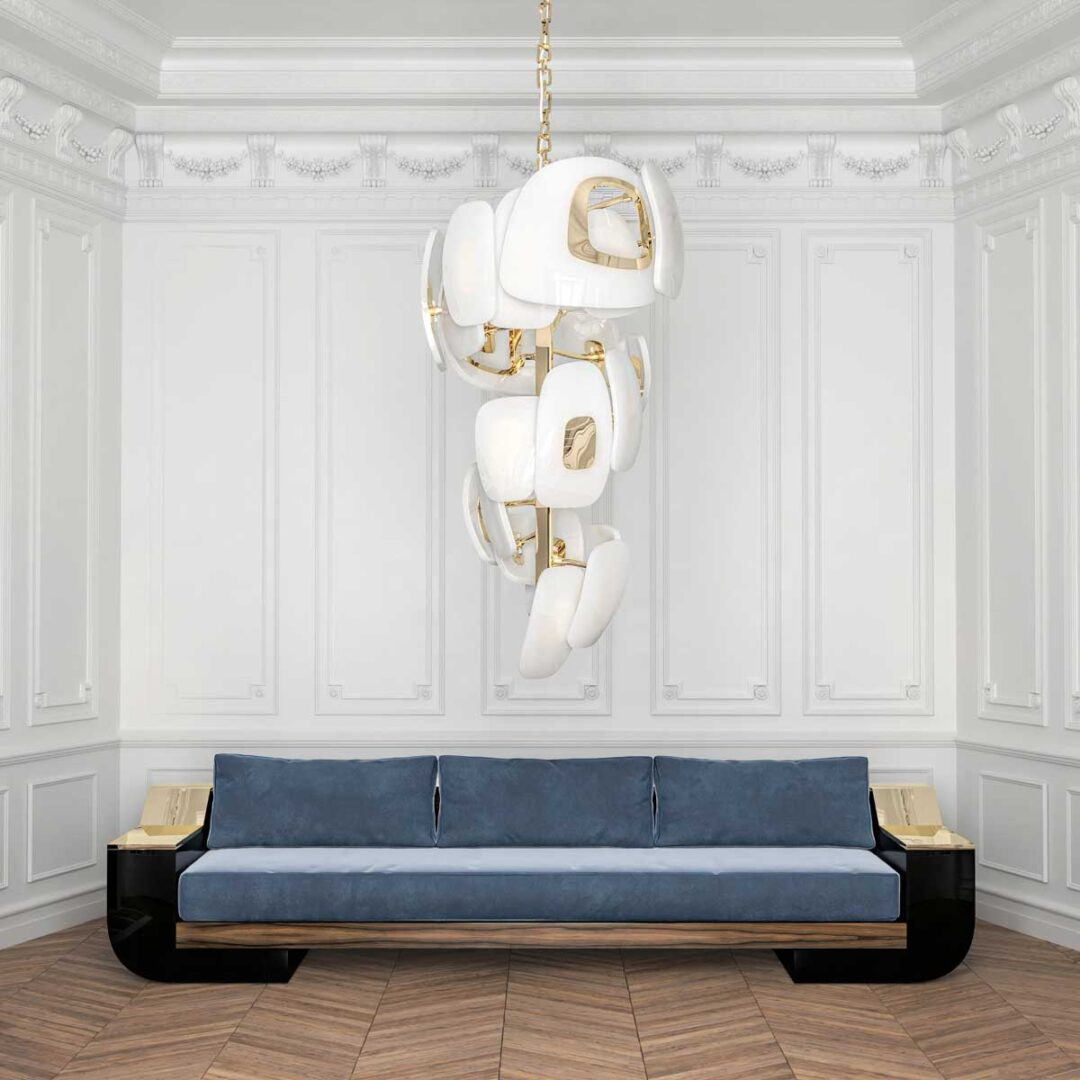 Swan Chandelier with Meilleur Nom Sofa in blue plush velvet