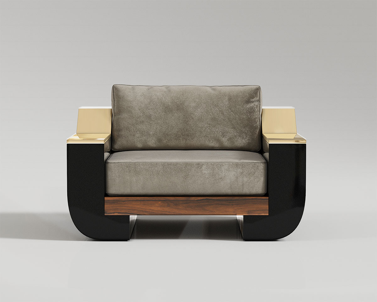 Meilleur nom lounge chair in cream velvet upholstery, black lacquer leg, polished bronze and walnut veneer detail, front shot