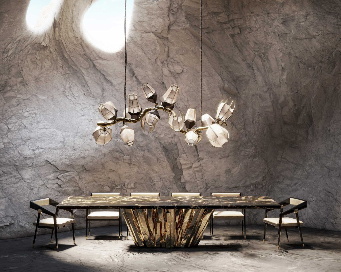 Meta Crystal Dining Table and Venomous Chandelier with parma dining chairs in a cave scene