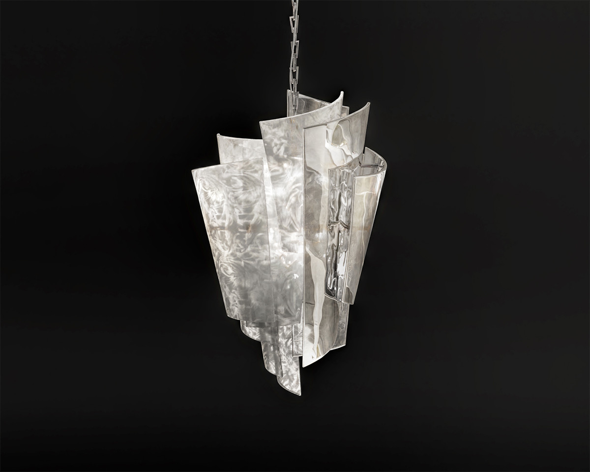 Duo facies vertical chandelier in polished stainless steel and alabaster glass black background front shot