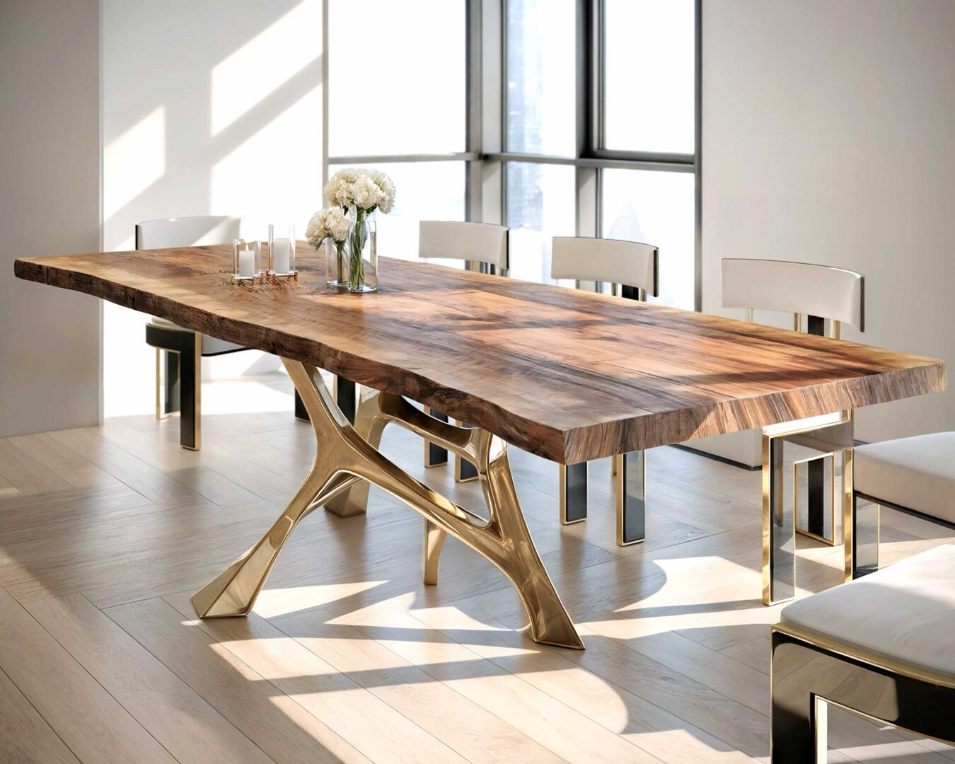 VENA Dining Table polished bronze in live edge table top with Bellus dining chair set