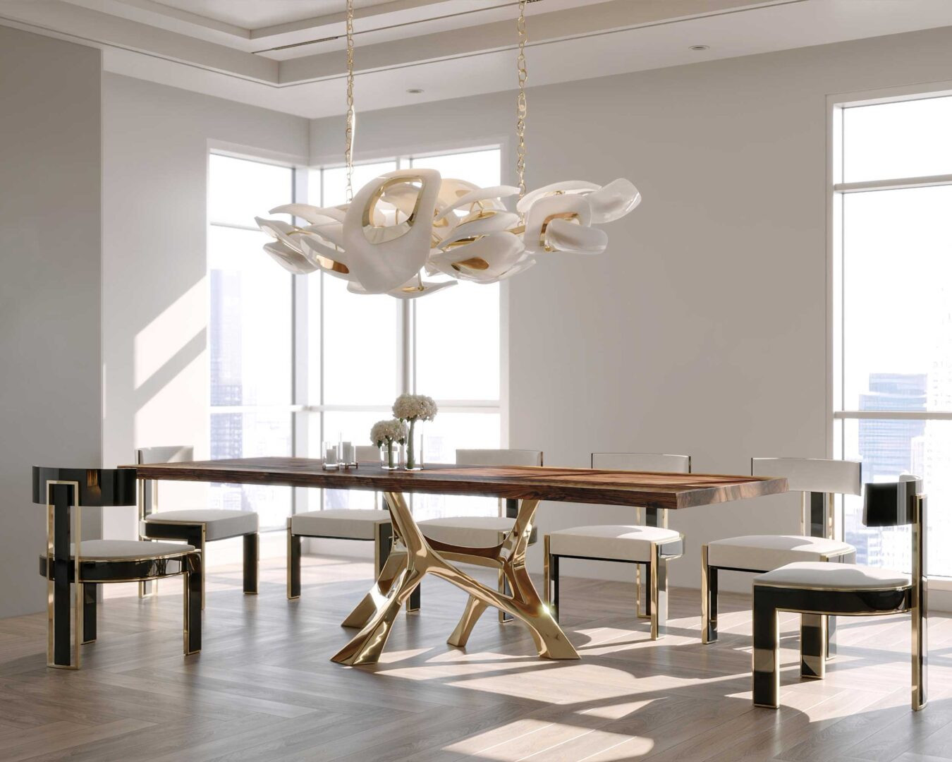 VENA Dining Table in live edge table top and Swan Horizontal chandelier with Bellus dining chair set