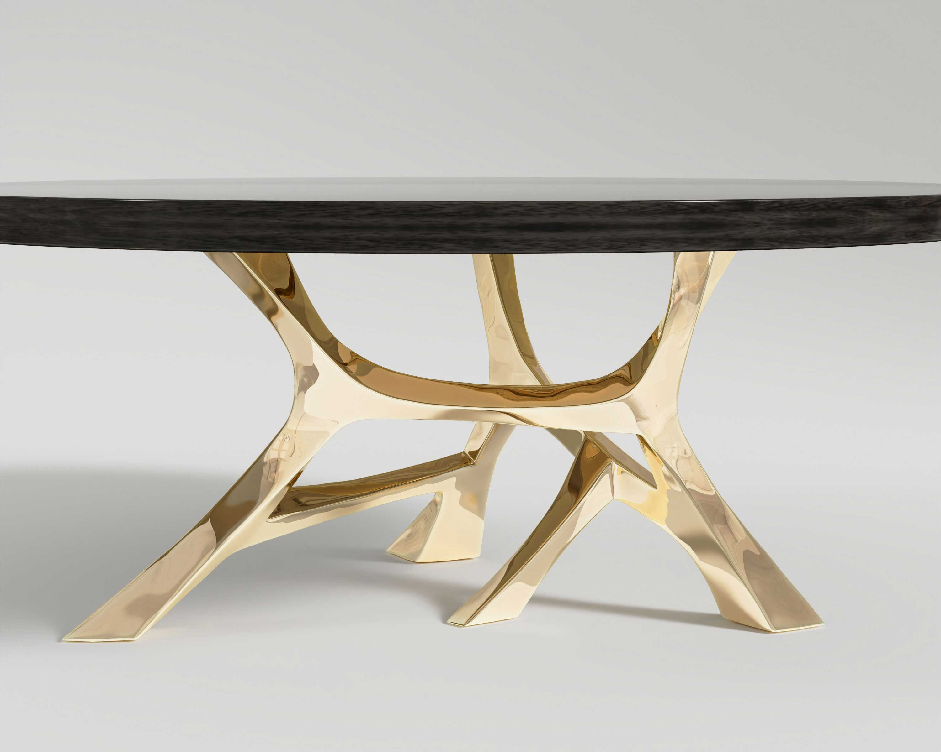 Vena Dining table, base close shot in Polished bronze