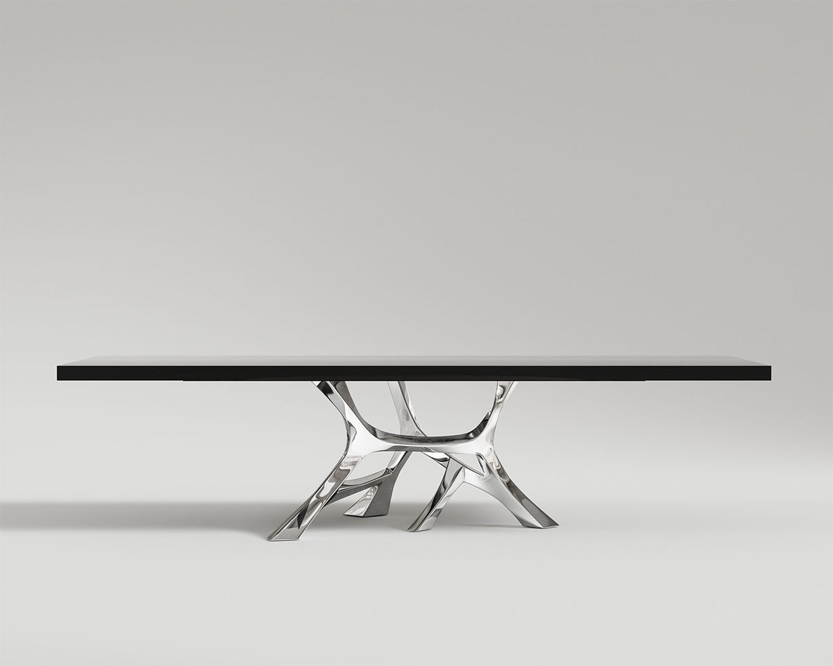 Vena dining table black lacquer table top and stainless steel base front shot