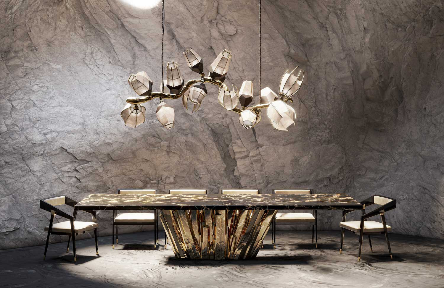 Meta Crystal Dining Table and Venomous Chandelier with parma dining chairs in a cave scene